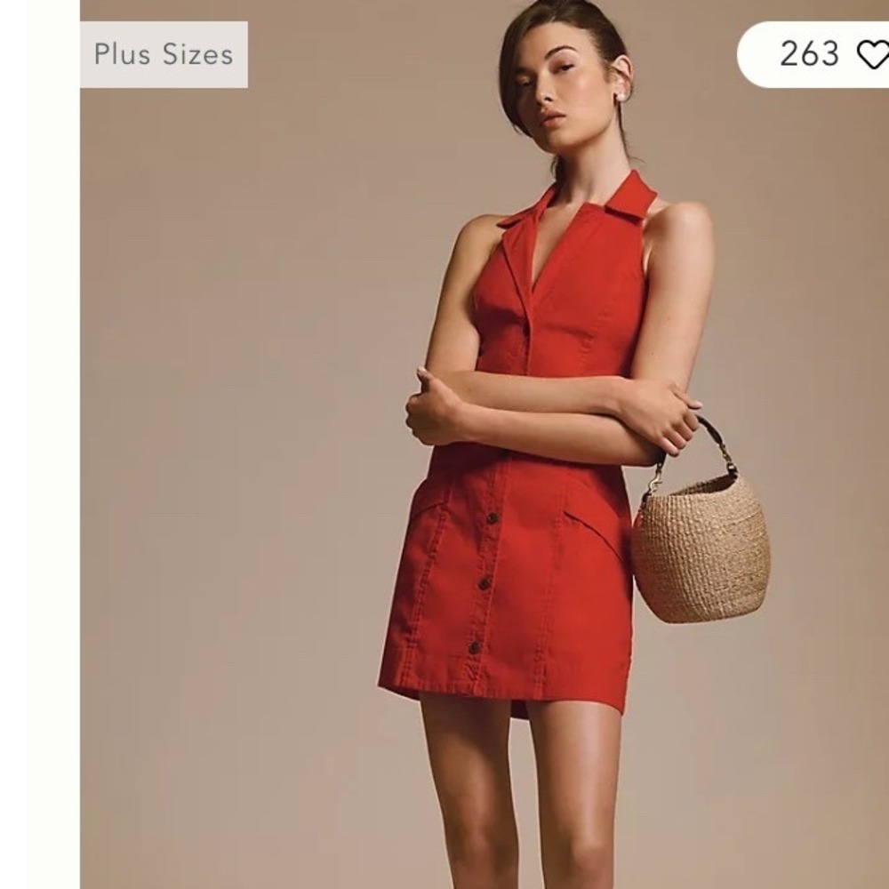Maeve Anthropologie Red Halter Mini Dress Button Front Linen Blend Size L NEW